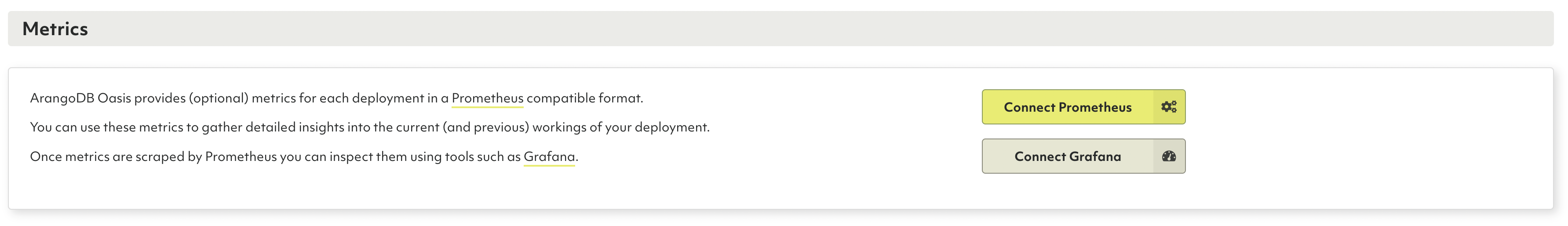 Oasis Connect Metrics Section