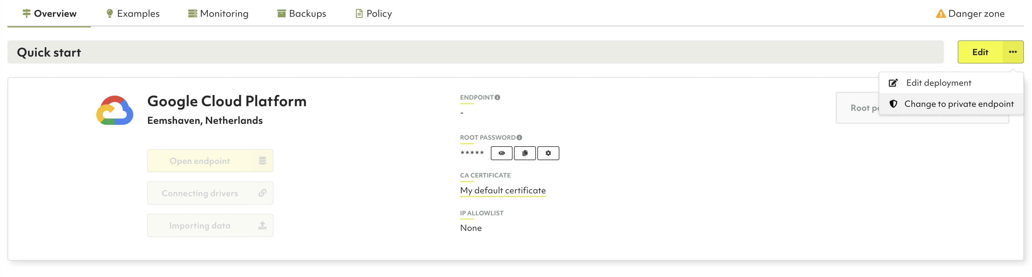 Oasis Deployment Private Endpoint Menu