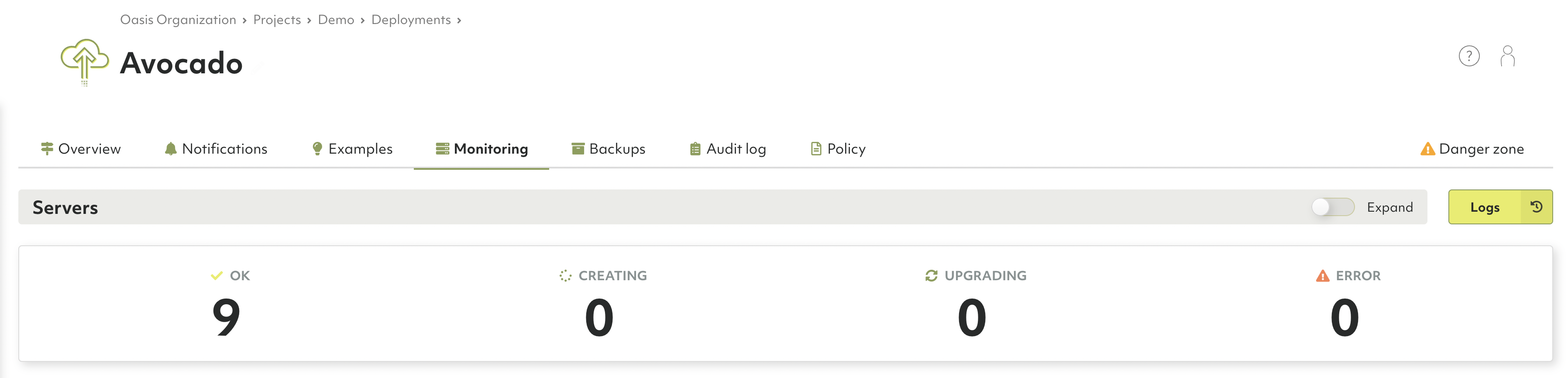 Oasis Monitoring tab